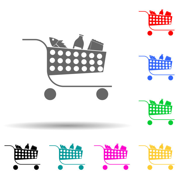 购物篮内的彩色商品图标：UI和UX网站或移动应用矢量图图片下载