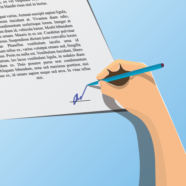 在签订条约时，商人用钢笔手写在合同上签名。平面风格的插图。股票向量。图片下载