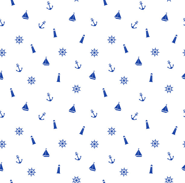 可爱的无缝海洋模式与锚，灯塔，舵，船。图片下载