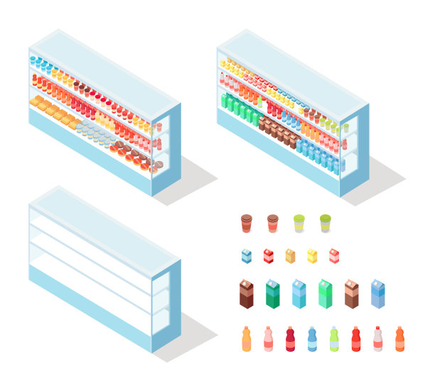 食品店的乳白色食品展示等距矢量图片下载