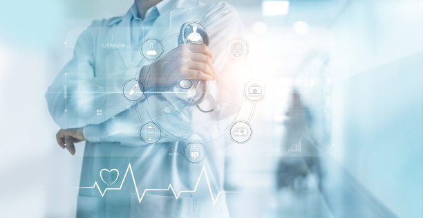 医疗概念，医生手持听诊器，图标医疗网络和病人来到医院背景图片下载