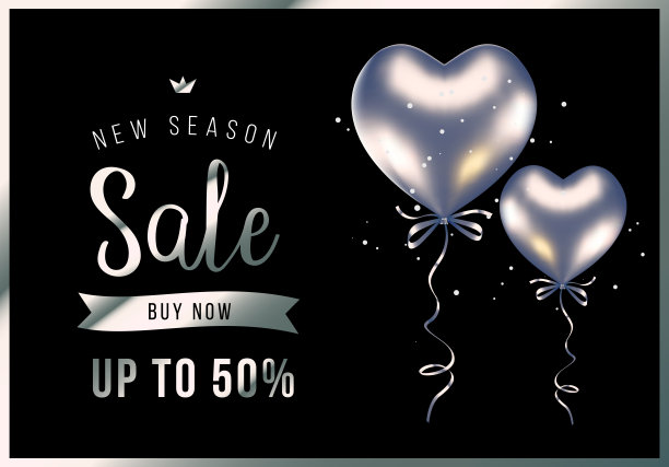 矢量季节性销售插图与3d银色心形气球在黑色背景与文字和闪闪发光的纸屑。图片下载
