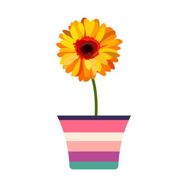 漂亮的橙色花和绿色茎在花盆中着色。矢量插图孤立在白色上图片下载