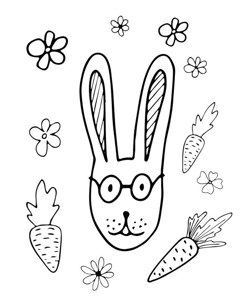 黑色和白色复活节兔子在涂鸦风格孤立的白色背景。图片下载