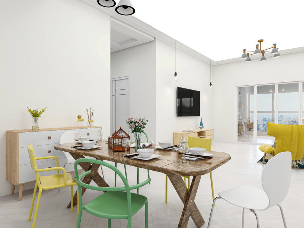 3D渲染，温馨餐厅区域设计，木桌图片下载