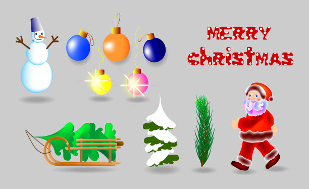 圣诞节。圣诞老人、雪橇上的圣诞树、雪地里的圣诞树、树枝上的雪人、五彩球、文字圣诞快乐。矢量插图。素材图片