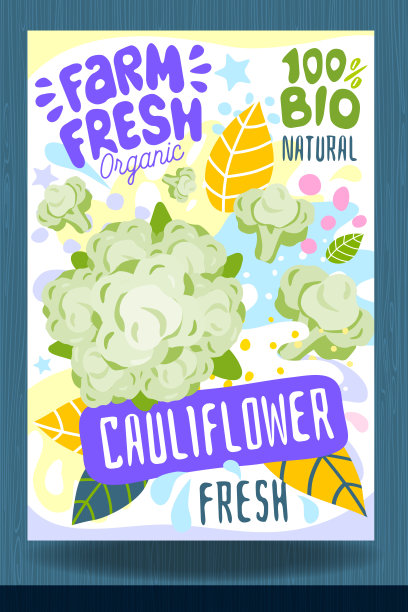 摘要飞溅食品标签模板。多彩的画笔描边。蔬菜，水果，香料，包装设计。菜花、切片、成熟。有机新鲜图片下载