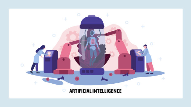 人们制造具有人工智能的机器人。人工智能技术的未来概念。智能安卓manufactoring。矢量网站设计模板。登陆页网站插图图片下载