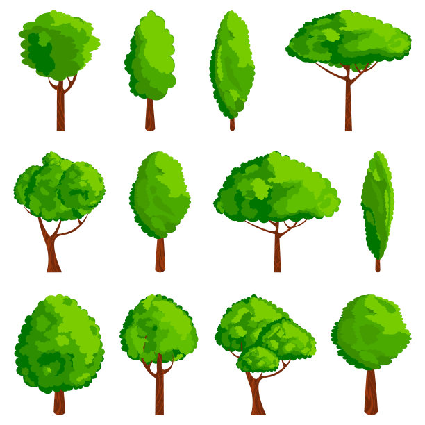 卡通树图标集。游戏设计元素。矢量插图森林绿色剪影素材图片