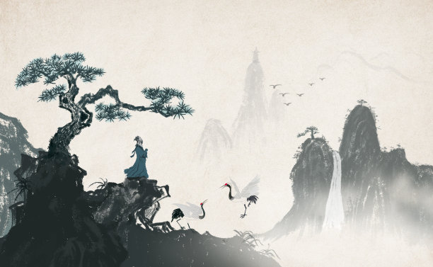 一种悠远的禅意水墨山水画意境图片下载