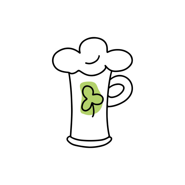 手绘彩色玻璃与啤酒，三叶草圣帕特里克节和假日涂鸦符号符号矢量插图。图片下载