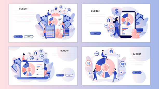 预算管理。个人的财务控制。现金流。屏幕模板为手机智能手机，登陆页面，模板，ui, web，手机应用程序，海报，横幅，传单。现代平面卡通风格。向量图片下载