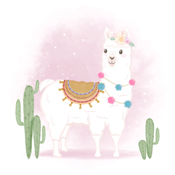 可爱的美洲驼和仙人掌，手绘卡通水彩画插图图片下载