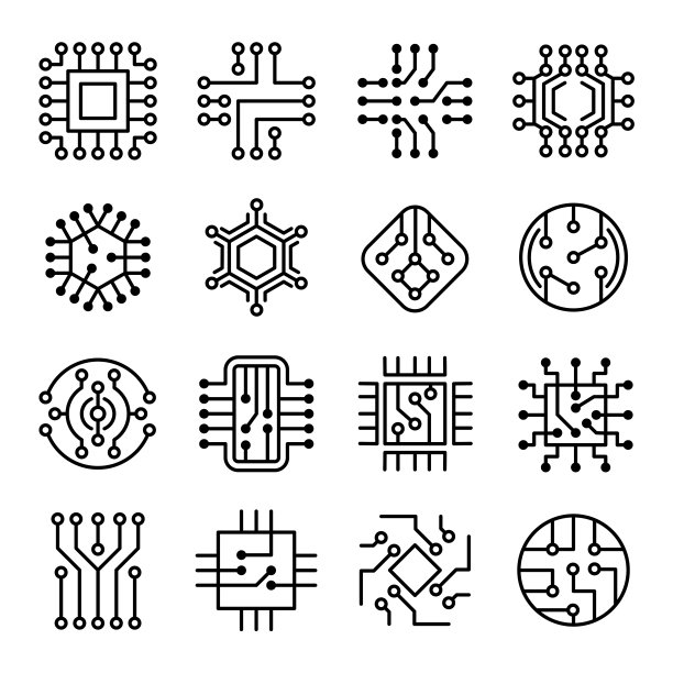 芯片的电脑。工程电子微方案计算机系统板矢量图标集图片下载