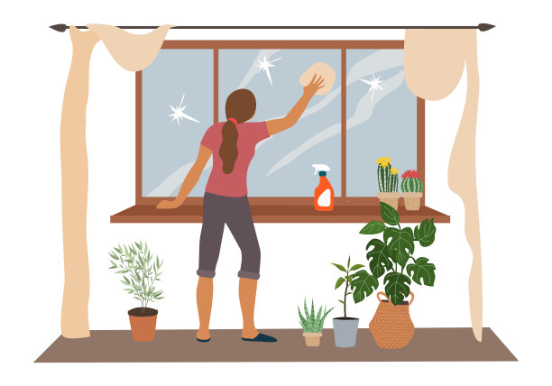 春季打扫，一个女人在清洗公寓的窗户。矢量图图片下载