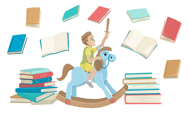 男孩骑着木马，书在周围。读童话故事。矢量图图片下载