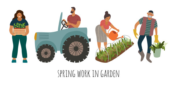 向量组的人在花园里进行春季工作，种植蔬菜幼苗图片下载