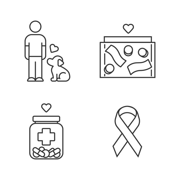 志愿线性图标集。人道主义活动。动物福利，捐款箱，医疗救助，宣传丝带。细线等高线符号。孤立矢量大纲插图。可编辑的中风图片下载