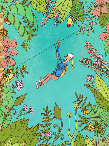 爱冒险的微笑女孩在雨林里做滑索素材图片