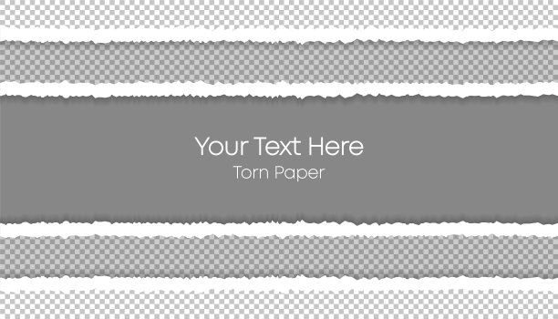 为你的文本或信息撕成方形的水平纸条。你的文本。撕纸。四张撕纸边缘带有不同的透明风格。上面和下面有两条撕破的纸条。向量图片下载
