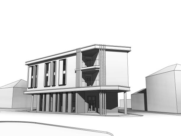 一个两层办公楼的3d插图从左上角的视角。图片下载