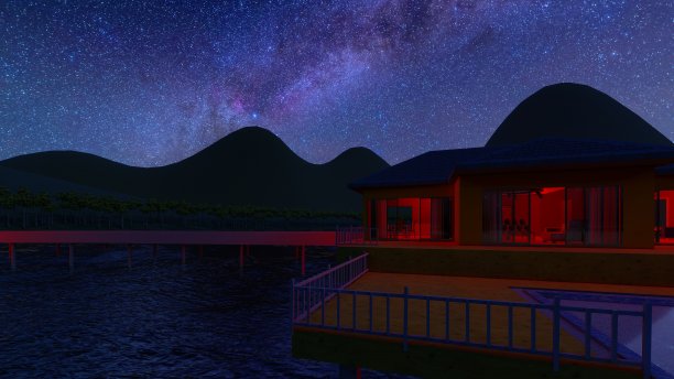 在岛上的平房度假村，法属波利尼西亚3d渲染图片下载