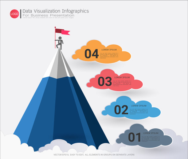 有四个步骤或选项的商业金字塔信息图表模板，通过图表、图表交流数据，使事实和统计数据更有趣，使数据驱动的论点更容易理解。图片下载