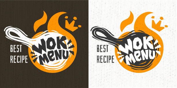 亚洲美食菜单logo，热面盒，棍棒，刻字，飞溅，滴心，纹理背景logo设计。手绘矢量图图片下载