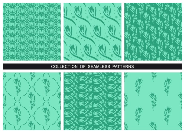 套无缝模式与绿色花卉装饰。图片下载