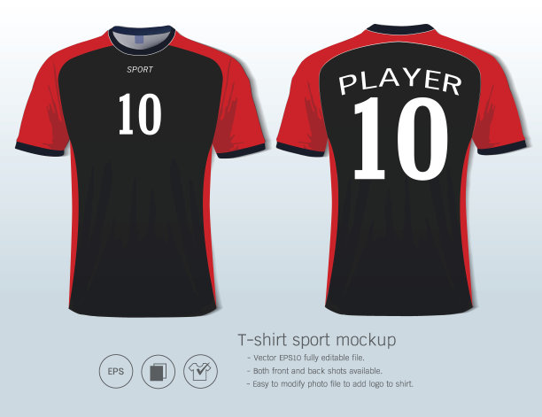 t恤运动设计的足球俱乐部，正面和背面视图足球球衣制服，苗条的fit服装模拟，正面和背面的照片可用，并容易修改照片文件添加标志到你的衬衫。图片下载