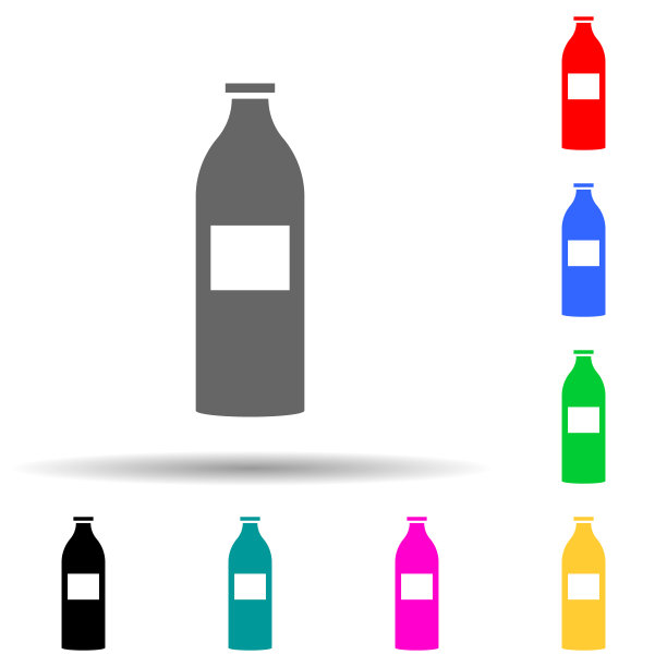 牛奶在一个瓶子多颜色风格图标。简单的字形，市场图标的平面矢量，用于用户界面和用户体验，网站或手机应用图片下载