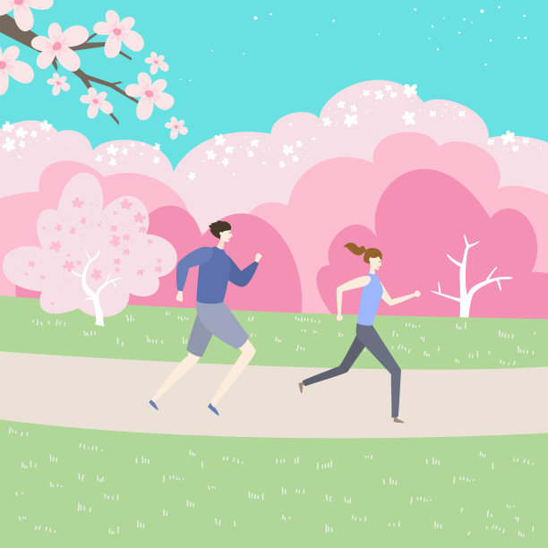 Сouple在一个开花的公园慢跑。图片下载