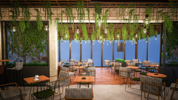 咖啡馆/餐厅。室内设计。计算机生成图像。建筑可视化，3D渲染。图片下载