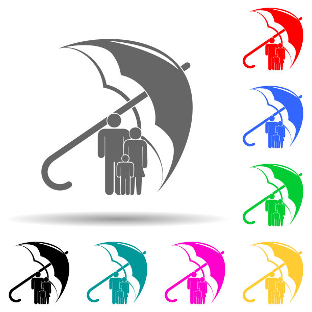 家庭伞下多色风格图标。简单的字形，平面矢量保险图标的用户界面和用户体验，网站或移动应用程序图片下载