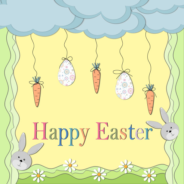 彩色贺卡的春天复活节与文字，黄色背景，绿色框架，矢量插图图片下载