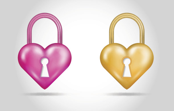 挂锁心形矢量集孤立的白色背景。粉色,金色的金属。象征着破碎的心，糟糕的经历，不幸的婚姻，相互依赖或神经质的关系。机构广告海报。图片下载