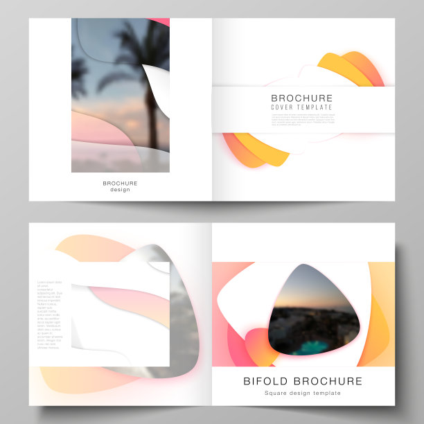 矢量插图布局的两个封面模板为方形设计双折宣传册，杂志，传单，小册子。黄色渐变抽象动态形状，彩色几何模板设计。图片下载