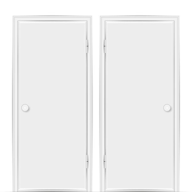 两个现实的空白色关闭的门框架和门把手孤立在白色上图片下载