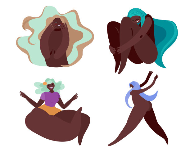 里面的人物全是黑人女性。Bodypositive。矢量图图片下载
