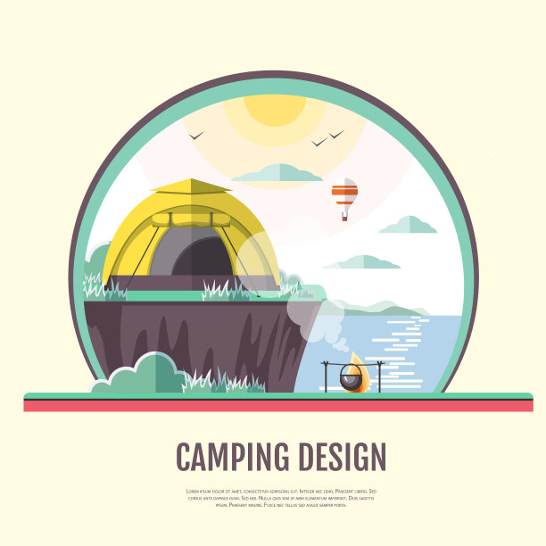 复古海滨景观和露营的平面风格设计。图片下载