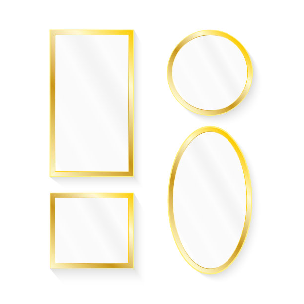 现实的镜子。反光镜面在金色框架，镜像玻璃矢量插图图片下载