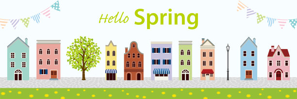 旧城区的春天，横幅比例-包括“你好春天”的字样图片下载