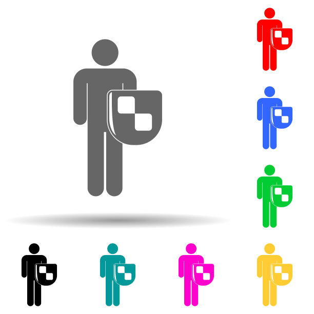 一个男人用多色的安全盾造型图标。简单的字形，平面矢量保险图标的用户界面和用户体验，网站或移动应用程序图片下载