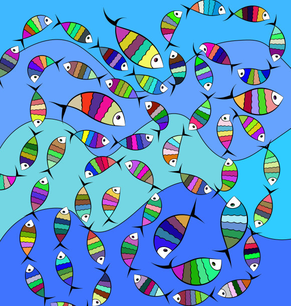 矢量插图蓝色图像的抽象波浪与鱼图片下载