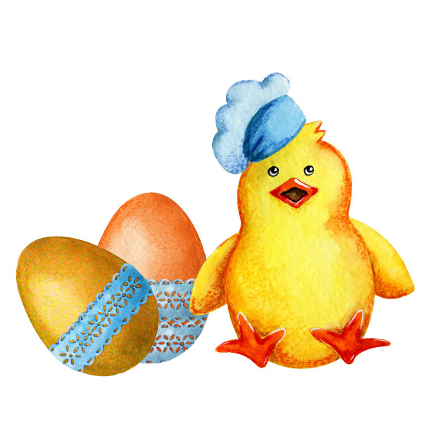 带帽子的卡通鸡和带花边的彩色蛋。手水彩插图孤立的白色背景。设计复活节产品，卡片，印刷品，标签，封面，包装，包装。图片下载