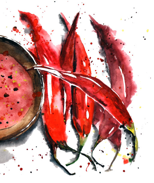 用盘子把水彩辣椒放在白色的盘子上图片下载