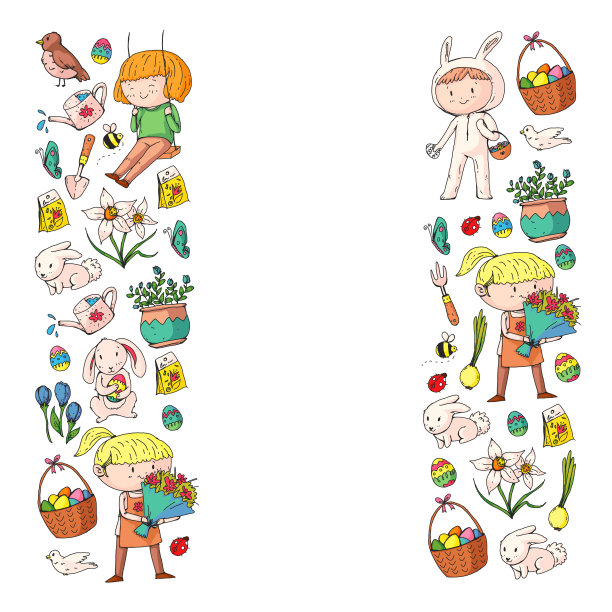 带有复活节和春天元素的矢量模式。篮子里有鸡蛋，兔子，花，鸟图片下载