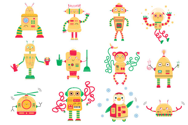 可爱的黄色卡通机器人的彩色图像。儿童单色向量集。在白色背景上隔离图片下载
