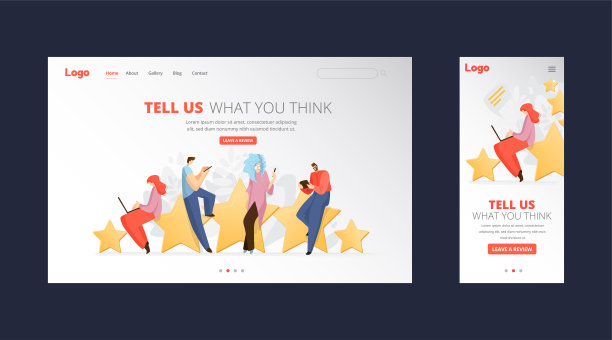 反馈，调查矢量平面着陆页面概念与人，男人和女人坐在大评级明星，写评论和评论服务或产品。率评价和奖状，客户服务理念。图片下载