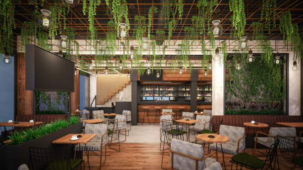 咖啡馆/餐厅。室内设计。计算机生成图像。建筑可视化，3D渲染。图片下载